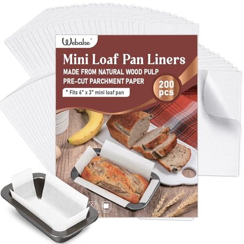 Webake 200Pcs Unbleached Parchment Paper Mini Loaf Pan Liners for 6x3 Small Banana Bread Pan, Original Precut, Non Toxic Baking Papers - color: White 6x3