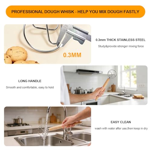 13 Inch Danish Dough Whisk, Stainless Steel Dough Whisk with Long Handle