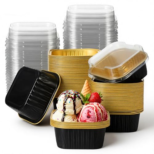 100 Pack Mini Cake Pans with Lids, 5oz Dessert Cups Aluminum Foil Mini Cupcake Cups, Square Disposable Muffin Baking Tins Dessert Containers for Christmas Wedding Birthday Winter Party