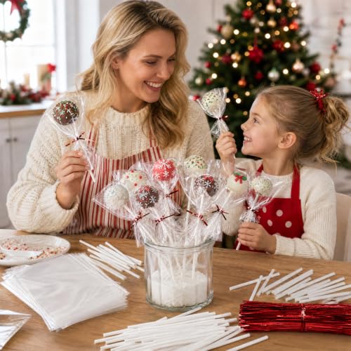 600Pcs Lollipop Stick, 6IN Cake Pop Sticks with Clear Treat Bags & Red Twist Ties, Cake Pops Making Tools for Lollipops, Candies, Chocolates Cookies - color: Red 600Pcs