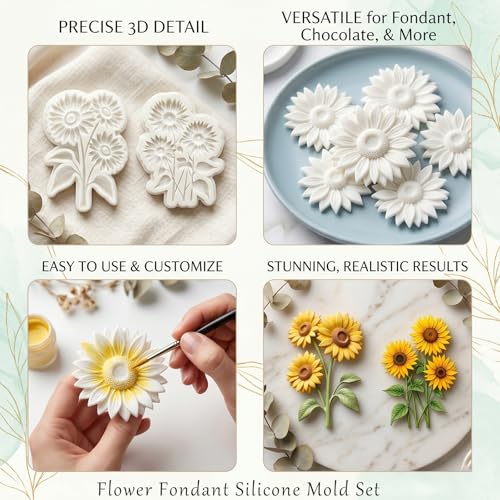 2 Pcs Sunflower Silicone Fondant Molds for Cupcake Toppers, Candy - color: Sunflower silicone mold