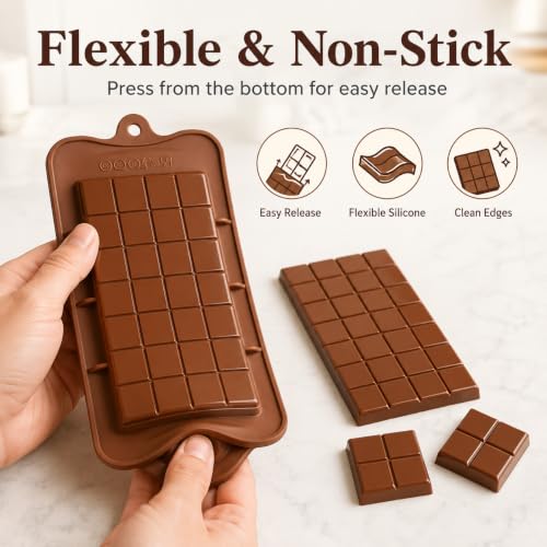 2 Pack Thin Break Apart Chocolate Bar Silicone Mold, Non-Stick Candy Bar Molds for Homemade Chocolate, Protein Bars, Energy Bars, Gummies & Candy - style: Bar