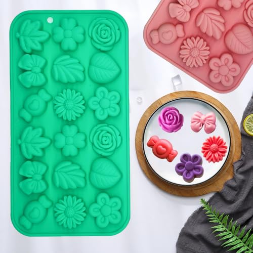 Candy Molds Silicone - 2Pcs Silicone Gummy Daisy Flower/Tulip Flower/Bow Tie/Leaf Candy Mold for Candy Chocolate Gummy Jello Baking Soap Pudding Cookie Desserts Making - color: Small Flower Molds