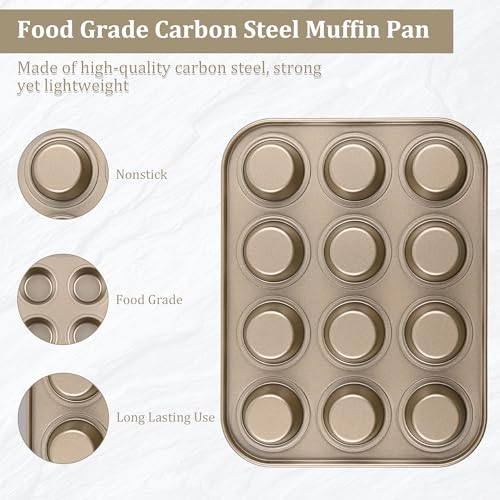 Mini Muffin Pan 2-Pack, Premium Small Cupcake Pans, Carbon Steel 12-Cup Muffin Tin, Versatile Non-Stick Bakeware - color: Gold