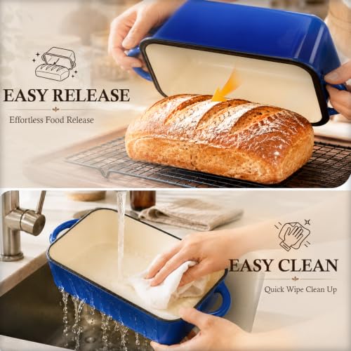 2-in-1 Enameled Cast Iron Dutch Oven for Bread Baking, Loaf Pans with Lid - style: Blue 2-in-1 5 Qt
