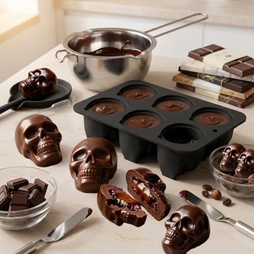 2Pcs Skull Silicone Mold, 6-Cavity 3D Large Skull Cake Pan Molds Halloween Silicone Molds for Baking Chocolate, Candy, Cake Decoration, Resin Casting