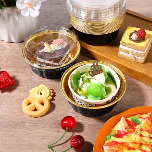 100 Pcs 8 oz Disposable Ramekins with Lids Creme Brulee Ramekins Aluminum Foil Baking Cups for Cupcakes, Cheesecake, Catering, Wedding, Party (Black, Gold)