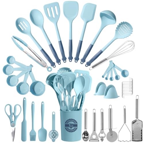 Kikcoin 43 PCS Silicone Kitchen Utensils Set, Cooking Utensils Set, Blue - color: Blue