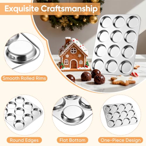 TeamFar Muffin Top Pan, 12 Cavity Stainless Steel Shallow Cupcake Pan - size: 12 Cups