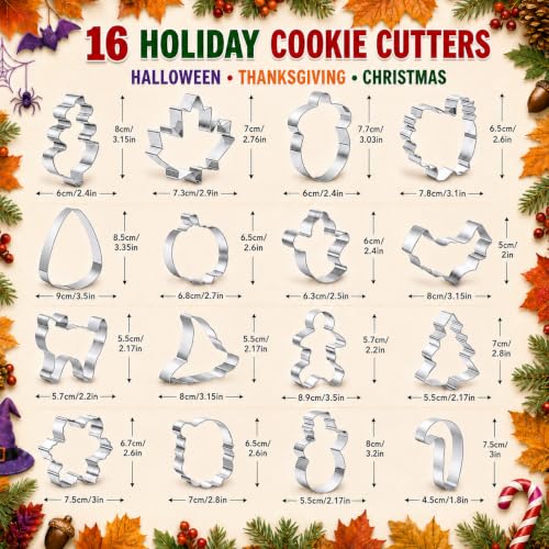 16 PCS Holiday Cookie Cutters,Stainless Steel Molds Cookie Cutters