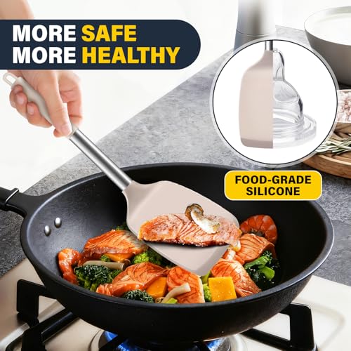 2 Pack Silicone Spatula Set, Solid & Slotted Turner for Non-Stick Pans - color: Khaki
