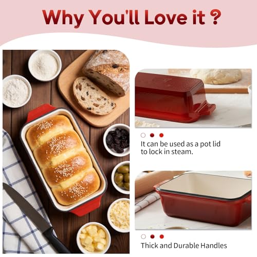 Enameled Cast Iron Dutch Oven for Sourdough Bread Baking, 9×5 Dutch Oven Pot with Lid, 2 in 1 Bread Pans with Lid for Baking, Roasting & Braising, Easy Release, Oven & Induction Safe (4.2 QT,Red) - color: Red