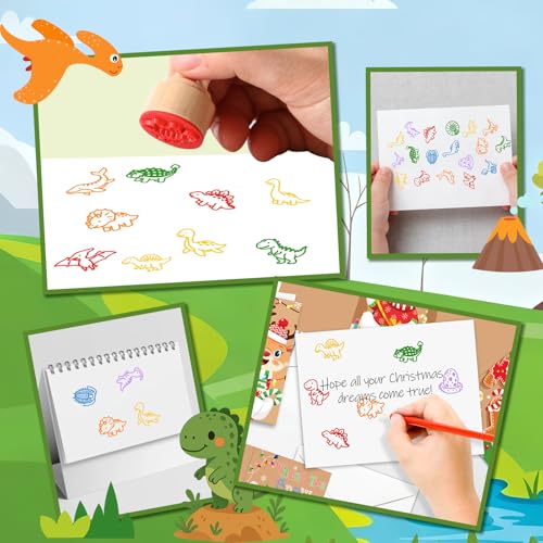 Wooden Dinosaur Stamp Set for Kids, 18 Pcs Dino Stamps Art Projects Supplies Classroom Rewards Birthday Gift Party Favors Carnival Prizes for Boys Girls
