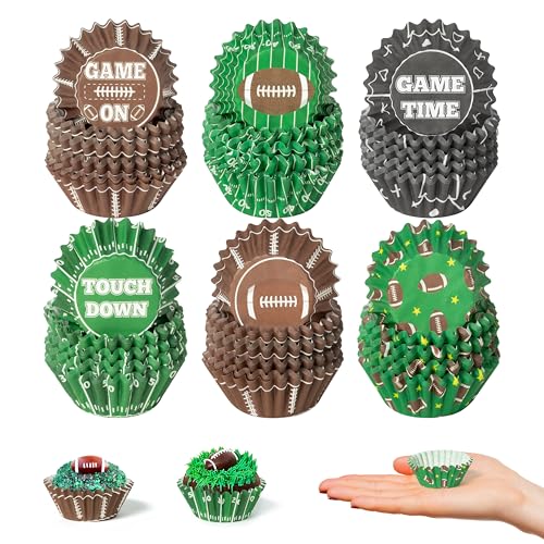 COcnny Football Mini Cupcake Liners - 600pcs Football Themed Mini Baking Cups Muffin Cupcakes Wrappers, Rugby Sport Paper Cake Wrap Making Supplies for Game Day Post-match Celebration Party (6 Styles) - style: Mini Football