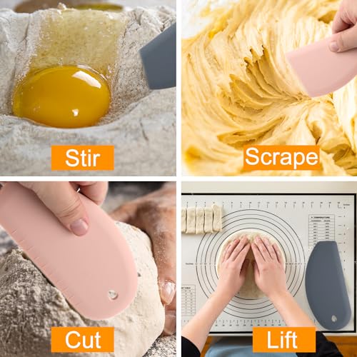 2pcs Silicone Dough Scraper, Curved Edge Bench Scraper & Stainless Steel Sheet Flexible Pastry Scraper Bread Cutter Bowl Pan Scraper Tool for Baking Sourdough Bread Proofing Cake Basket(Pink, Grey)