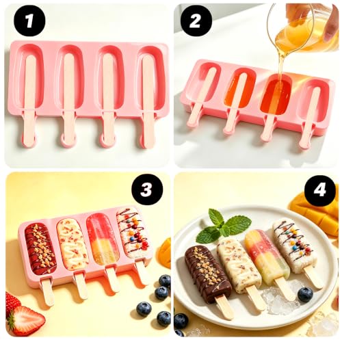 Silicone Popsicle Molds, 2 Pcs Pink Popsicles Molds, 4 Cavities Ice Cream Mold with 50 Wooden Sticks for Making Cakesicles Fudgesicle Candy DIY Cake Ice Pop Summer Party Supplies - color: Pink
