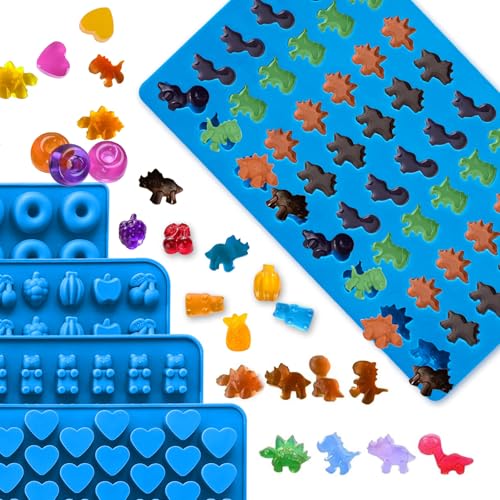 Sidosir 7Pcs Gummy Candy Molds, Gummy Bear/Dinosaur/Fruit/Donut/Hearts Molds, Non-stick Silicone Candy Chocolate Mold (5Shape+2Droppers) - color: 5Shape+2Droppers