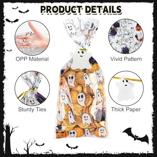150PCS Halloween Ghost Cellophane Treat Bags, Clear Halloween Candy Bags