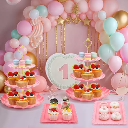 FoldTier 6 Pack Cupcake Stand Set 3 Pcs 3 Tier Gradient Dessert Table Display Stands Cookie Tray Rack 3 X14 in Rectangle Party Trays for Wedding Birthday Tea Party Baby Shower (Pink,Round) - color: Pink, style: Round