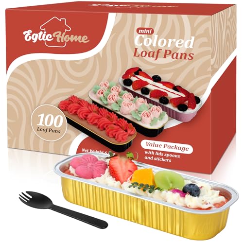 Mini Loaf Pans with Lids and Spoons (100 Pack, Gold, 6.8oz) Rectangular Aluminum Foil Baking Pans - color: Gold