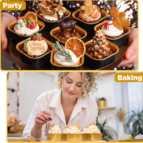 Skylety 100 Pcs 5oz Mini Square Cake Pans with Lids, Gold, Black - color: Gold,Black