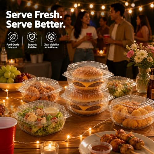 100 Pack Clear Plastic Clamshell Food Containers -5*5" Disposable Hinged Square Take Out Boxes for Food, Hamburger, Salad, Fruit, Sushi Carry Out Trays for Restaurants & Catering - size: 5*5 in