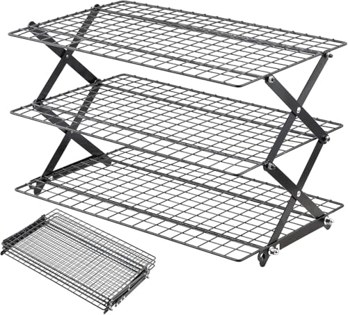 Pleafind 3 Tier Collapsible Cooling Rack - 4 Setting Design, Adjustable ＆ Stackable Baking Rack with X-Shaped Design and Leak-Proof Mesh Surface, Cooling Racks for Cooking and Baking, Dishwasher Safe - color: Light Black