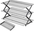 Pleafind 3 Tier Collapsible Cooling Rack - 4 Setting Design, Adjustable ＆ Stackable Baking Rack with X-Shaped Design and Leak-Proof Mesh Surface, Cooling Racks for Cooking and Baking, Dishwasher Safe - color: Light Black