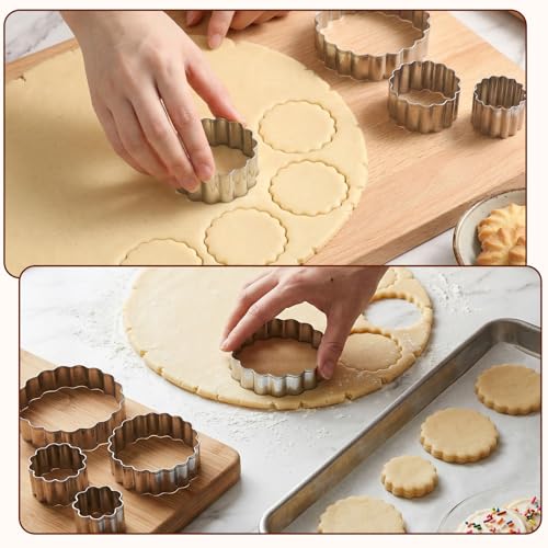 5 Pce Fluted Round Cookie Cutter Set, Circle Shaped Geometric Circle Cookie Cutter for Kitchen Baking, Donut Cutter Ring Scalloped Edge Wavy, Stainless Steel, (1.6", 2", 2.4", 2.8", 3.1")
