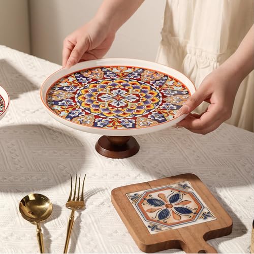 8” Ceramic Cake Stand with Elegant Wood Curved Footed