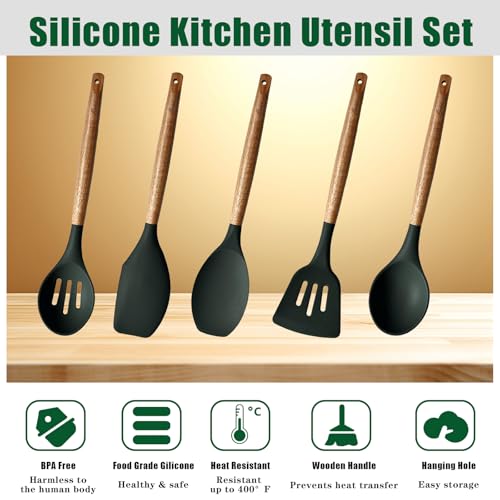 Non-Stick Silicone Cooking Utensils Set with Natural Acacia Hard Wood Handle, 5 Piece, High Heat Resistant (Green) - color: Green