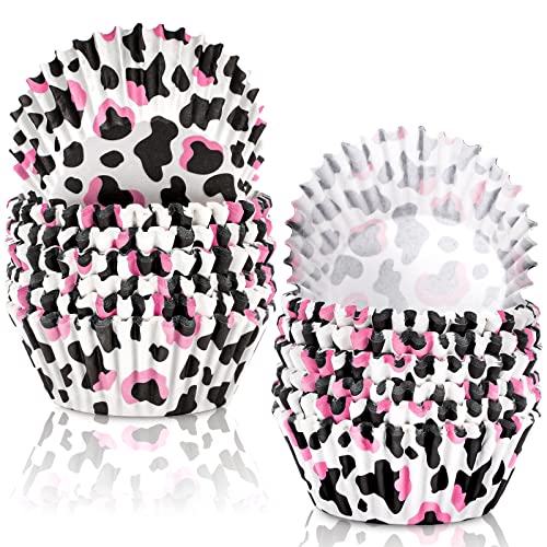 Waline 300 Pcs Cow Print Cupcake Liners 2 x 1.2 Inch Black Pink Animal Print Paper Baking Cups Muffin Liner Cake Storage Container for Baby Shower Birthday Wedding Party Supplies - style: Black Pink Cow Print
