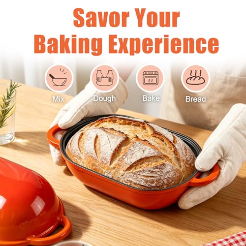 5 QT Enameled Cast Iron Sourdough Bread Oven, Loaf Pan with Lid - color: Orange, size: 5 QT