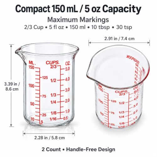 Ackers BORO3.3 Glass Measuring Cup, V-Shaped Spout, 150 mL / 5 oz, 2 Pack - size: 150ML(5.0OZ)-Pack of 2