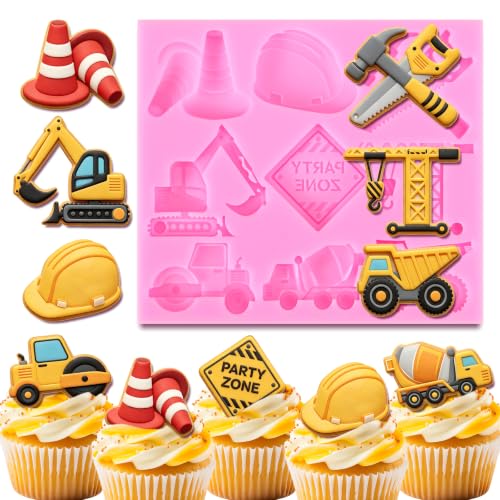 AnyDesign Construction Fondant Mold 3D Dump Truck Excavator Traffic Cone Silicone Baking Mould for Chocolate Candy Cake Decoration Cupcake Topper DIY Baking Craft Birthday Party Supplies
