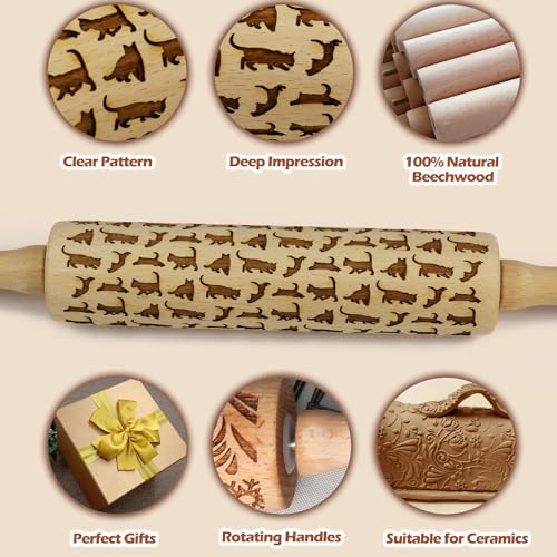 Embossed Rolling Pin for Baking Cookies Embossing Rolling Pins with Design Wooden Engraved Springerle Roller Pin Dough Animal Patterned Clay Pottery Ceramic Stamp Mold Gifts Bakers Women (Cat) - color: Kitty Cat
