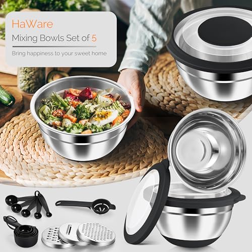 HaWare Stainless Steel Mixing Bowls with Airtight Clear Lids, 24PCS, Black - color: Black