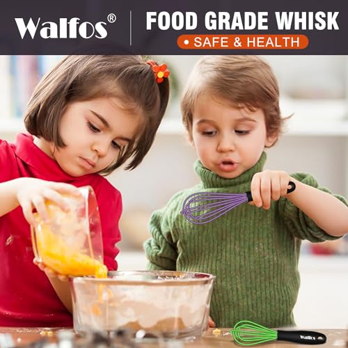 Walfos Whisk,5+7Inch Mini Whisks,Silicone Non Scratch whisk,Heat Resistant(480°F) Small whisks Suitable for stirring individual eggs and mixing small amounts of powder and sauce. Purple & Green - color: 2pcs Purple+ Green; 5+7in