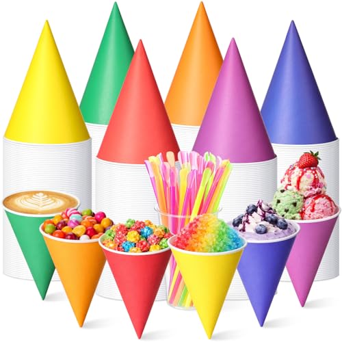 Honeydak 200 Pcs Rainbow Snow Cone Cups with Straws 6 oz Disposable Rainbow Paper Cone Cups, 6 Bright Colors, Slush Shaved Ice Cream Sorbet for Carnivals Party