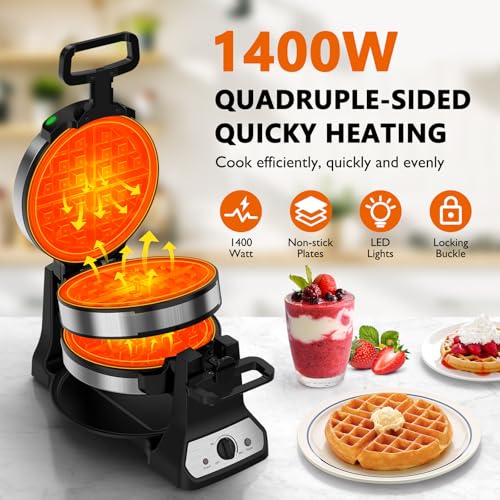 Waffle Maker, 1400W Belgian Waffle Maker, Double Waffle Iron 180° Flip, Rotating Nonstick Plates, Adjustable Browning Control, Locking Buckle & Cool Touch Handle, Removable Drip Tray, Stainless Steel - color: Sliver