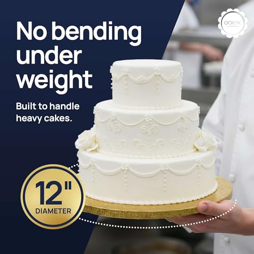 O’Creme Cake Board, Gold Foil Round Cake Circles with Gorgeous Design, Sturdy & Durable 1/2” Thick Cake Drums, Round Cake Boards with 12” Diameter, Pack of 5 Disposable Cake Drums - color: Gold, size: 12"