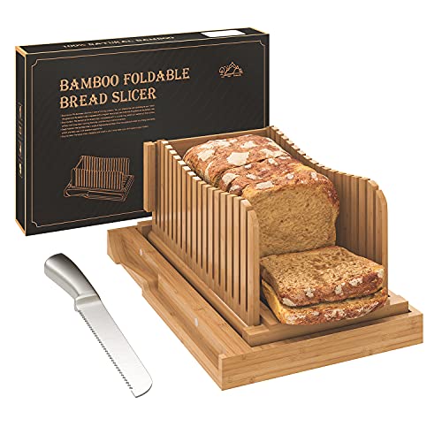 Bamboo Bread Slicer with Serrated Knife, Adjustable Guide for 3 Thickness Sizes, Foldable Chopping Board with Crumb Tray, Great for Homemade Bread, Cakes, Bagels - style: A - with Knife