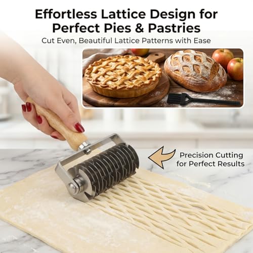 Pastry Lattice Roller Cutter 304 Stainless Steel, Wood Handle for Pie Pizza