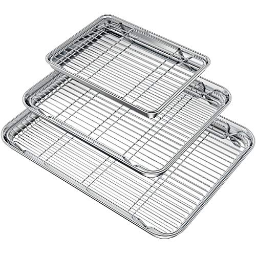 Wildone Baking Sheet with Rack Set (3 Pans + 3 Racks), Stainless Steel Baking Pan Cookie Sheet with Cooling Rack, Non Toxic & Heavy Duty & Easy Clean - size: 16 /12 /9 inch