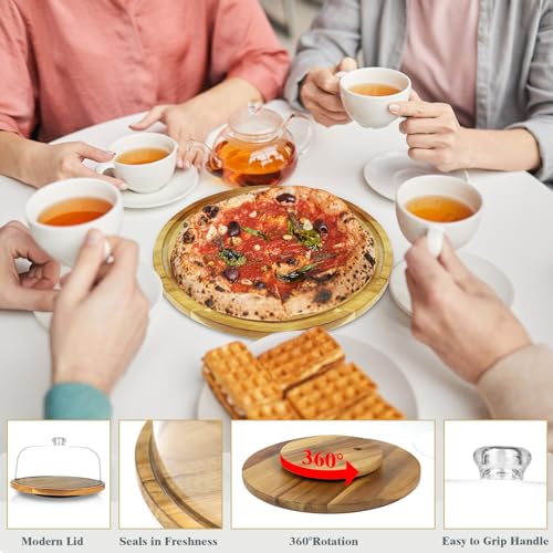 cutesun Cake Stand with Lid, Clear Acrylic Dome, Rotating Acacia Wood