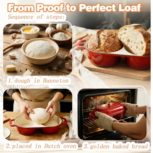DIY Double Dutch Oven for Sourdough Bread Baking – Enamel Cast Iron Bread Baker with Lid, Bake Two Different Loaves at Once, 500°F Oven Safe, Includes 2×6" Banneton Proofing Baskets - color: Red
