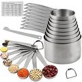Measuring Cups Set 19, 18/8 (304) Stainless Steel Measuring Cups and Spoons Set, Metal Measuring Cups & Spoons & Leveler&Magnetic Conversion Chart for Kitchen and Baking - color: A01: Siliver-Set of 19
