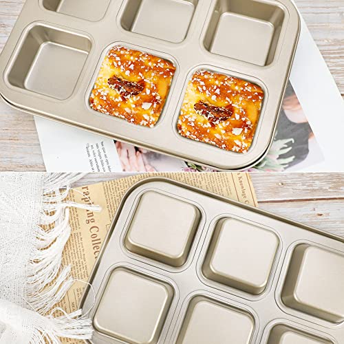 Beasea Mini Brownie Pan, 2 Pack 6 Cavity Gold Square Inidividual Brownie Muffin Cake Cutter Pan Mini Cheesecake Cupcake Bakeware Carbon Steel Brownie Baking Tray Bakeware for Oven Baking - color: Gold Brownie Mini