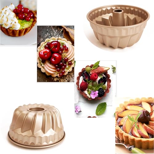 4 Pack Fluted Cake Pan, 4 inch Mini Cake Pan Set, Carbon Steel Reusable Nonstick Small Baking Cup Mold Round Bakeware for Kugelhopf, Cake, Brownie, Jello, Bavarois - Gold