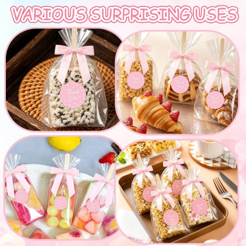 100 Sets Clear Rice Krispie Treat Bags with Pink Bow Ties, Thank You Stickers and Sticks, 4x6in Rice Crispy Treat Bags Flat Cellophane Bags for Individually Wrapped Rice Crispy Cake Pops Cookie Candy Chocolate
